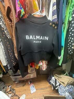 Balmain Paris Black Logo Sweatshirt with Gold Button Detail